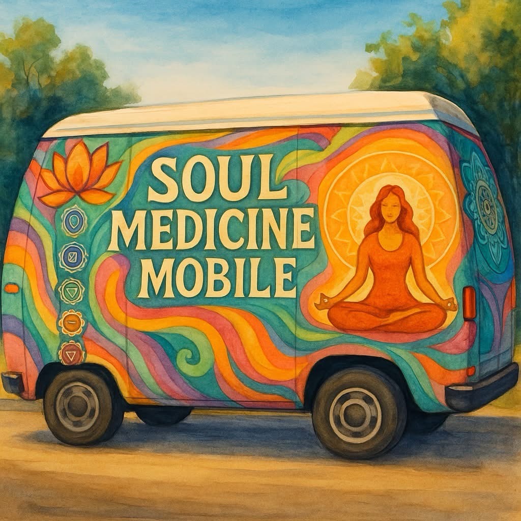 Soul Medicine Mobile van concept — colorfully painted with chakra symbols and lotus